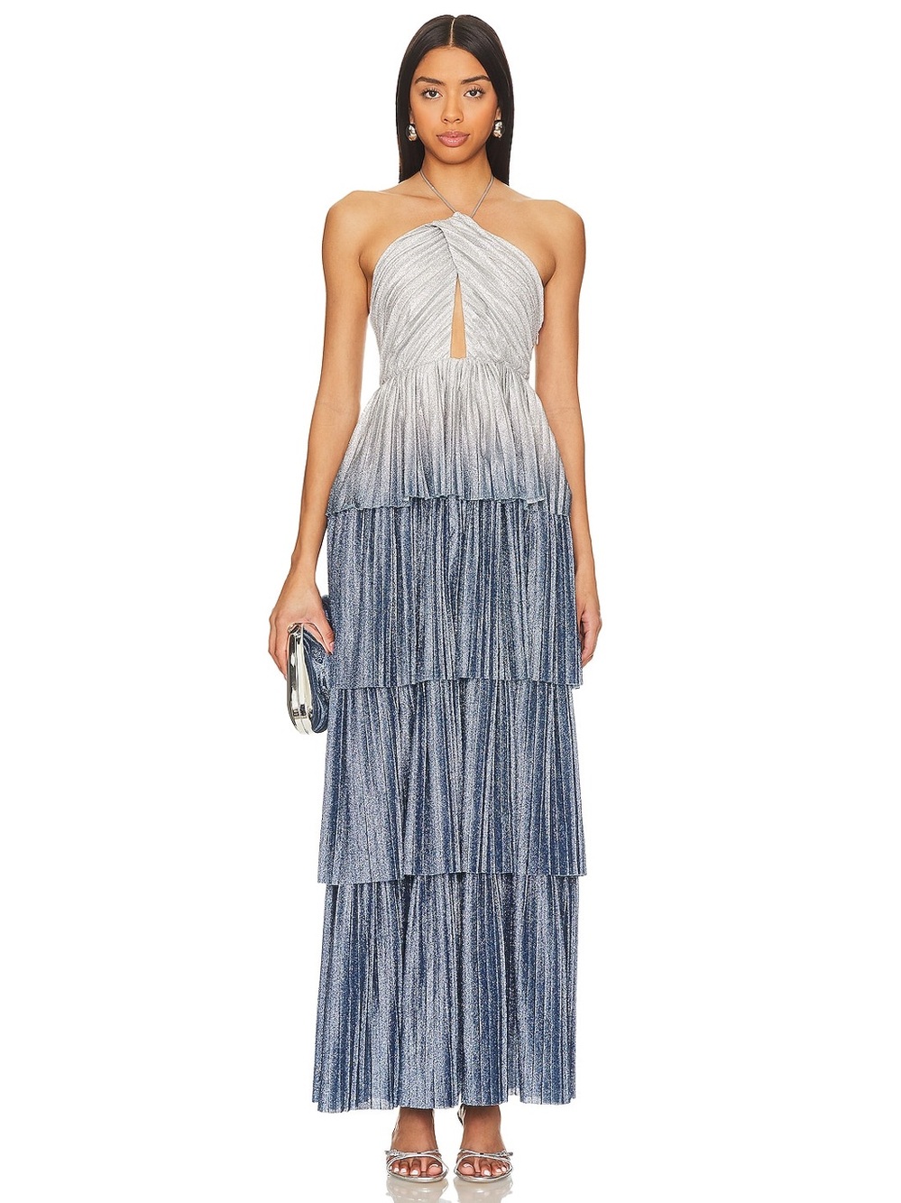 NWT Line & Dot Oracle Ombré Pleated Maxi Dress in Denim Blue Silver Medium